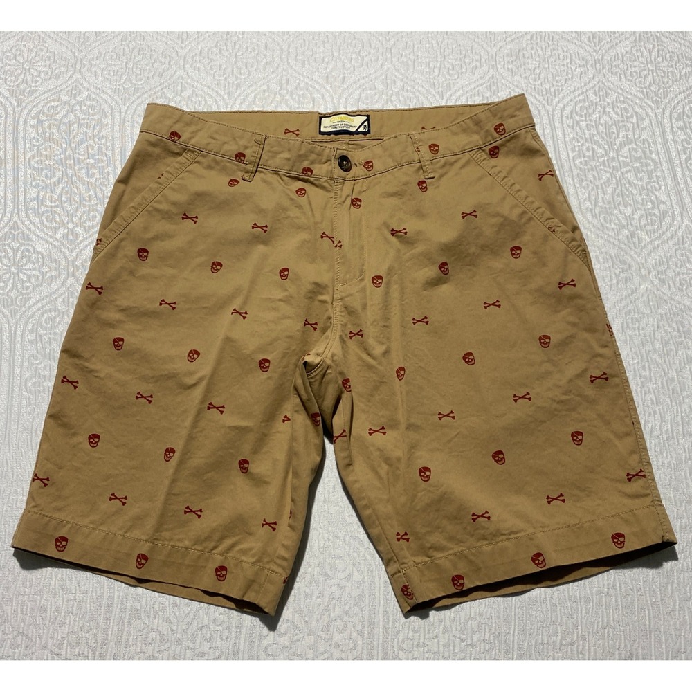 Oxemberg Mens Khaki Chino Shorts Skull Crossbones All Over Print Tan Size 34